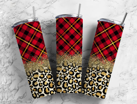 Red plaid Tartan  20oz Sublimation Tumbler Designs, Gold Glitter Leopard 9.2 x 8.3” Straight Skinny Tumbler Wrap PNG