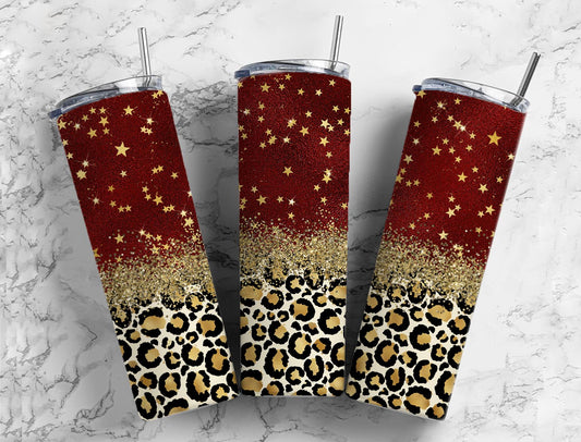 Red star holiday glitter  20oz Sublimation Tumbler Designs, Gold Leopard 9.2 x 8.3” Straight Skinny Tumbler Wrap PNG