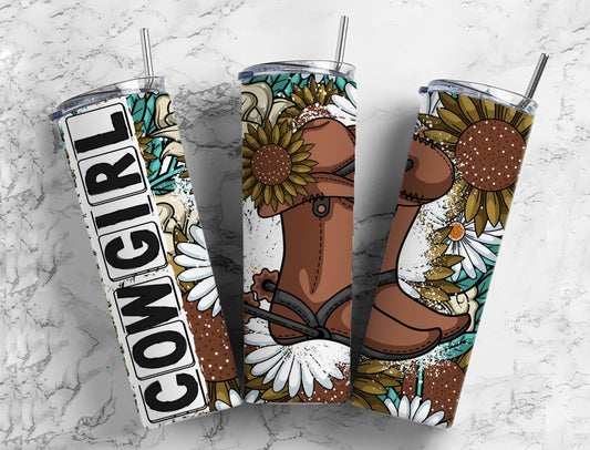 Cowgirl floral 20oz Sublimation Tumbler Designs, cowboy boots 9.2 x 8.3” Straight Skinny Tumbler Wrap PNG