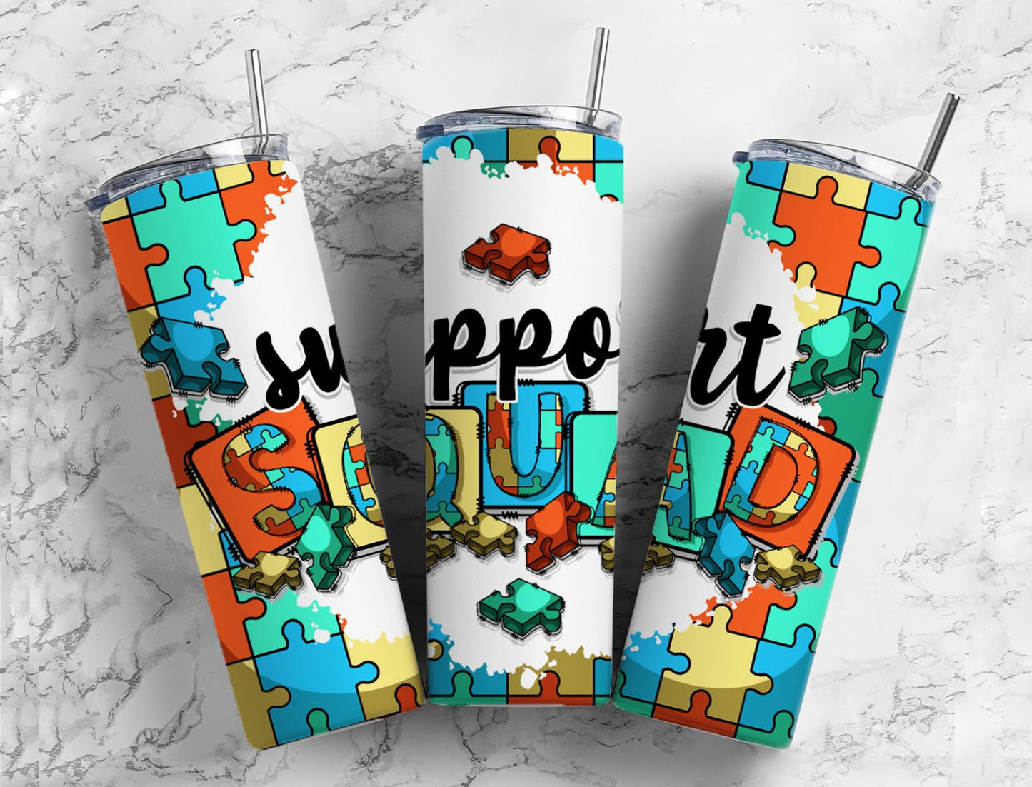 Support squad 20oz Sublimation Tumbler Designs, Autism puzzle 9.2 x 8.3” Straight Skinny Tumbler Wrap PNG