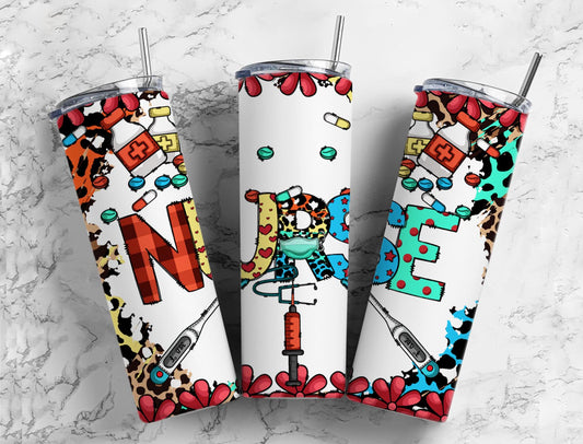 Colorful nurse 20oz Sublimation Tumbler Designs, Colorful leopard print 9.2 x 8.3” Straight Skinny Tumbler Wrap PNG