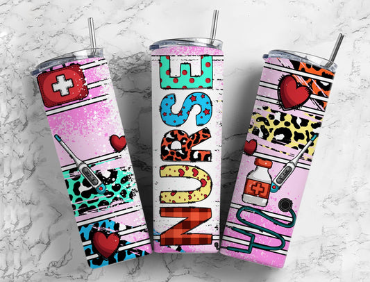 Colorful nurse 20oz Sublimation Tumbler Designs, stethoscope medicine 9.2 x 8.3” Straight Skinny Tumbler Wrap PNG