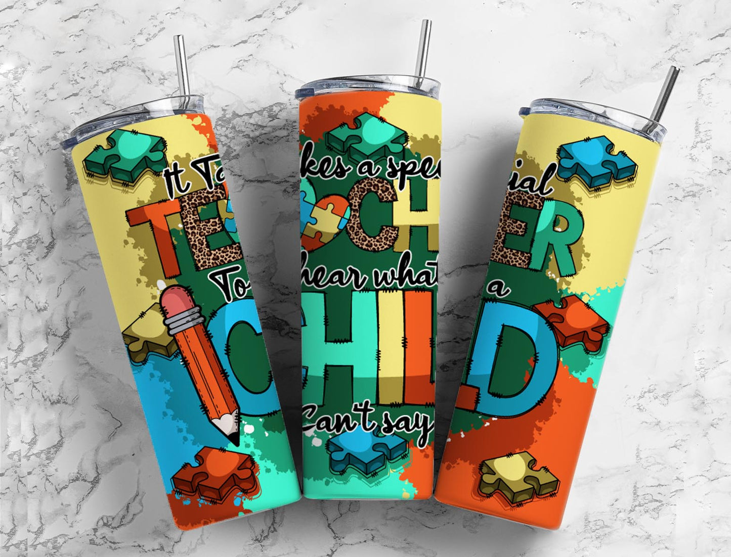 Teacher colorful 20oz Sublimation Tumbler Designs, autism puzzle 9.2 x 8.3” Straight Skinny Tumbler Wrap PNG