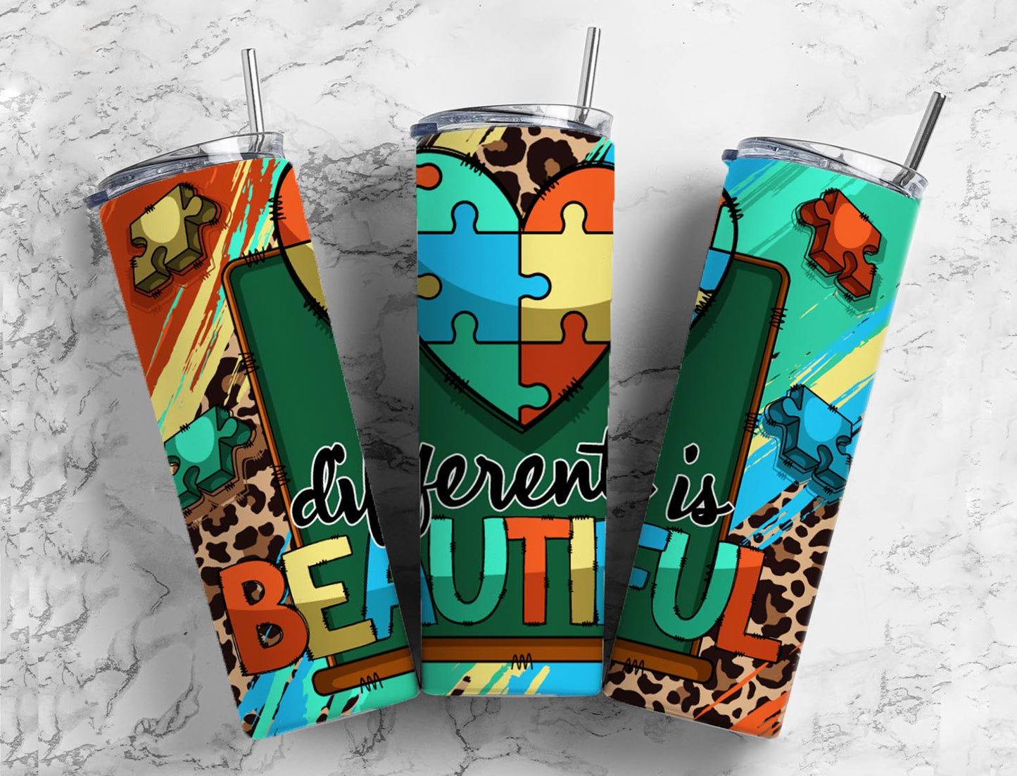 Different is Beautiful 20oz Sublimation Tumbler Designs, Autism puzzle 9.2 x 8.3” Straight Skinny Tumbler Wrap PNG