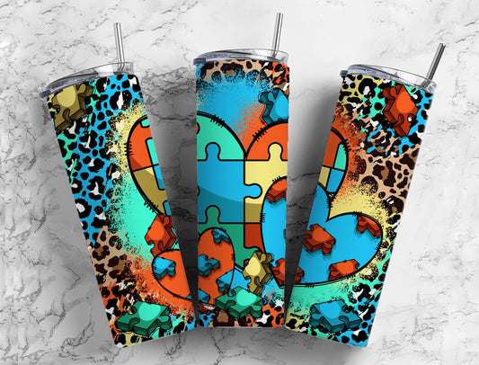 colorful puzzle piece 20oz Sublimation Tumbler Designs, leopard print 9.2 x 8.3” Straight Skinny Tumbler Wrap PNG