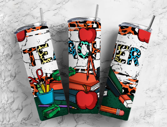 Colorful teacher 20oz Sublimation Tumbler Designs, Stationery books 9.2 x 8.3” Straight Skinny Tumbler Wrap PNG