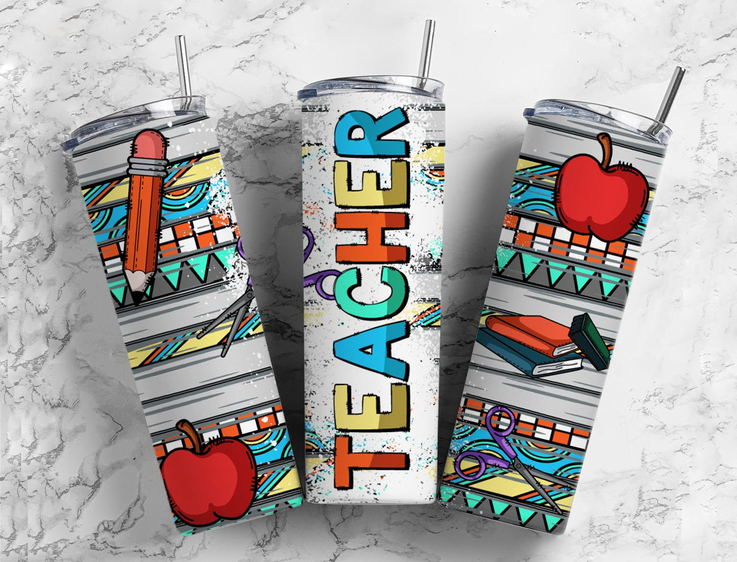 Colorful teacher 20oz Sublimation Tumbler Designs, patterned 9.2 x 8.3” Straight Skinny Tumbler Wrap PNG