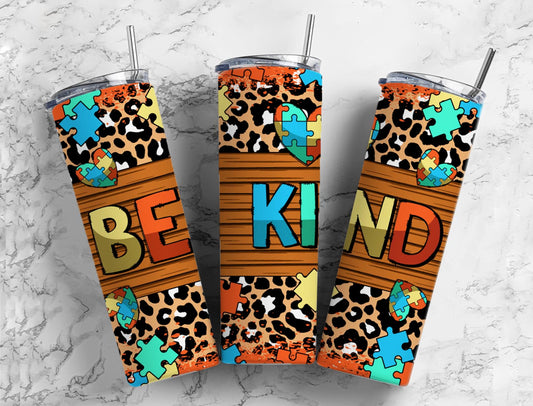 Be kind 20oz Sublimation Tumbler Designs, Autism puzzle 9.2 x 8.3” Straight Skinny Tumbler Wrap PNG