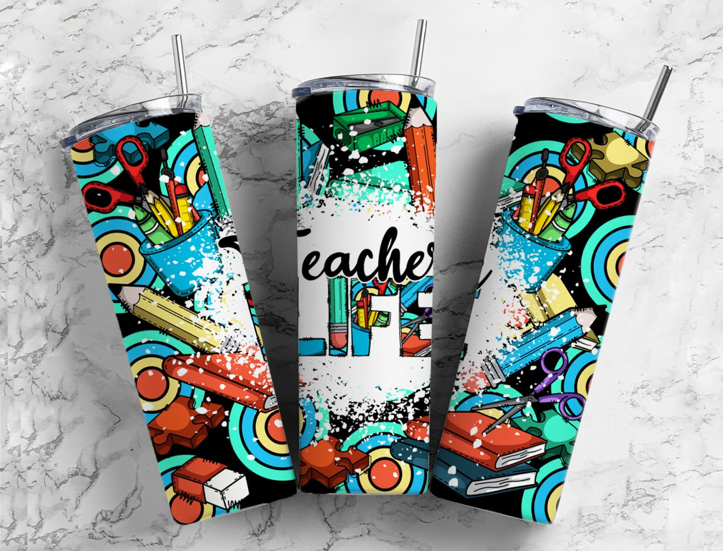 Teacher's life 20oz Sublimation Tumbler Designs, colorful stationery 9.2 x 8.3” Straight Skinny Tumbler Wrap PNG