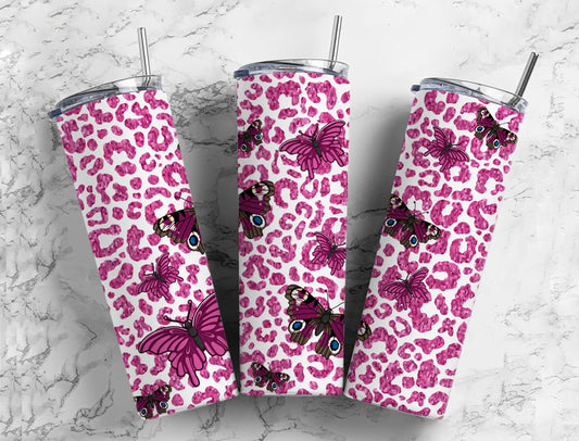 Pink butterflies 20oz Sublimation Tumbler Designs, Leopard print 9.2 x 8.3” Straight Skinny Tumbler Wrap PNG