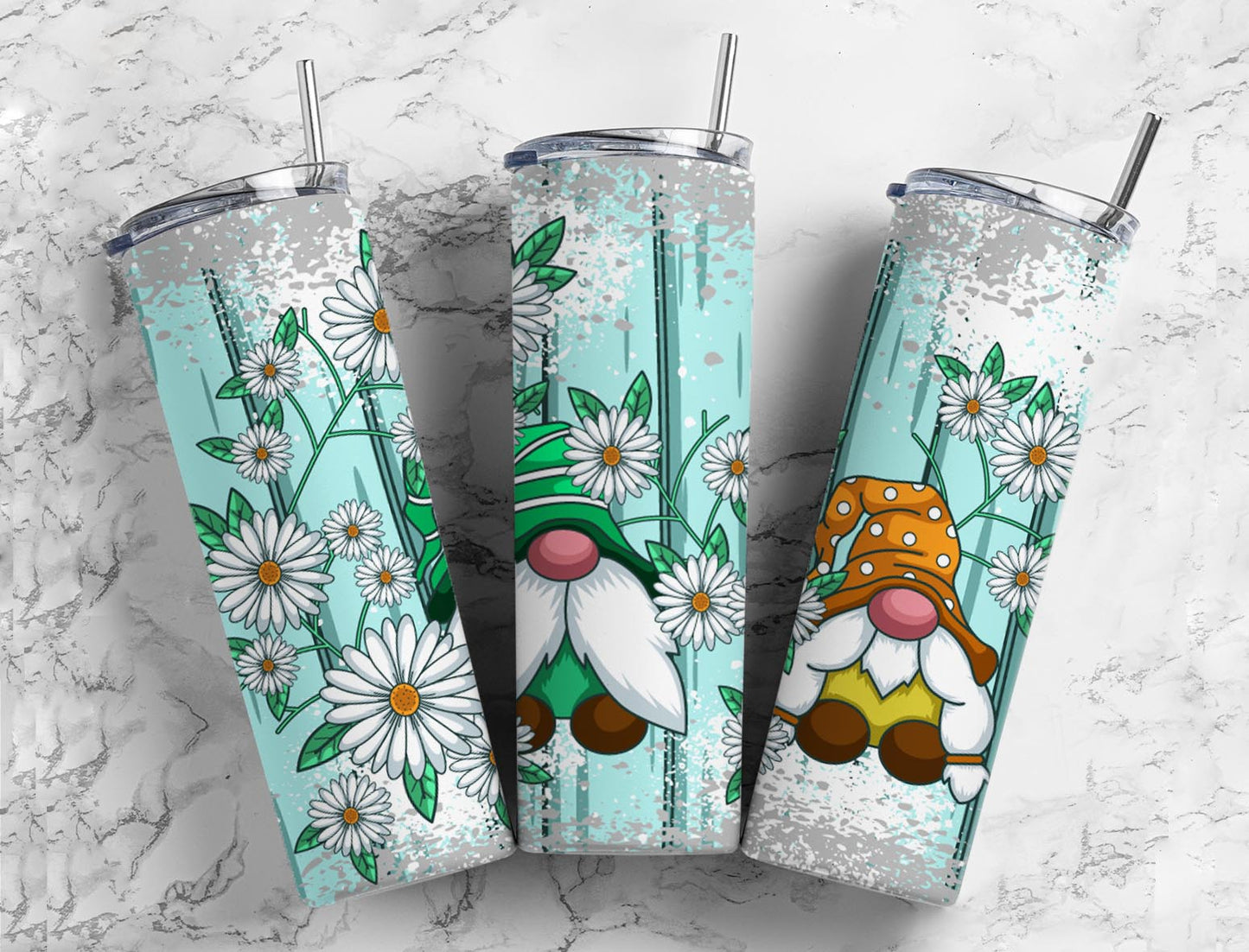 Cartoon gnomes 20oz Sublimation Tumbler Designs, Daisy floral 9.2 x 8.3” Straight Skinny Tumbler Wrap PNG