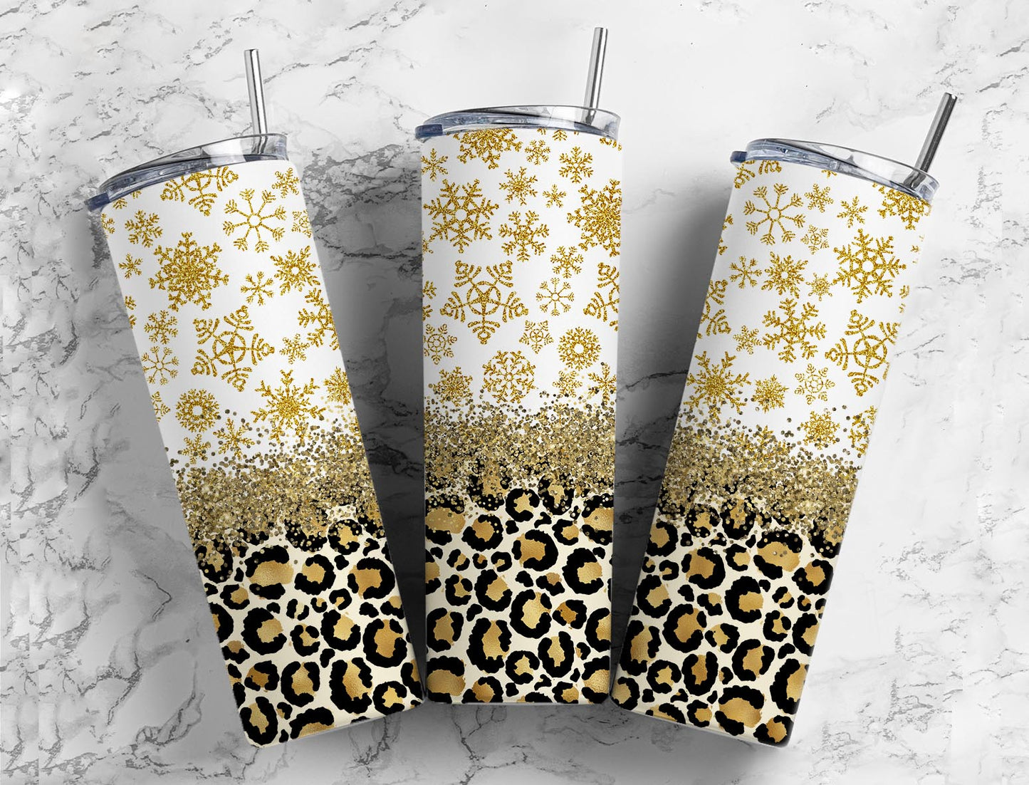 White and Gold Snowflake  20oz Sublimation Tumbler Designs, Gold Leopard 9.2 x 8.3” Straight Skinny Tumbler Wrap PNG