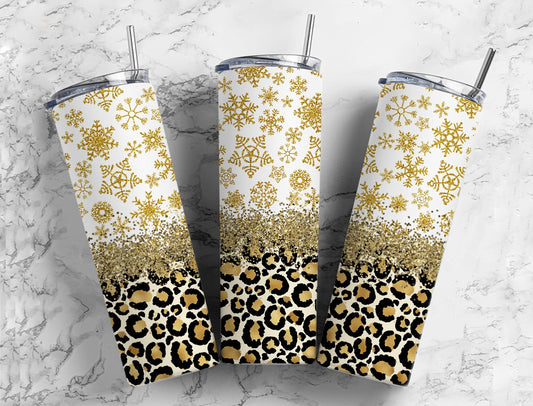 White and Gold Snowflake  20oz Sublimation Tumbler Designs, Gold Leopard 9.2 x 8.3” Straight Skinny Tumbler Wrap PNG