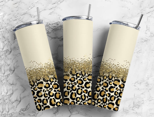 Rustic Tan 20oz Sublimation Tumbler Designs, Minimalist Gold glitter leopard 9.2 x 8.3” Straight Skinny Tumbler Wrap PNG