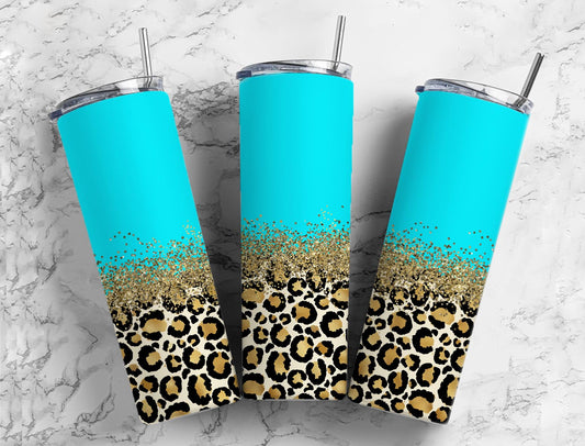 Teal leopard gold glitter 20oz Sublimation Tumbler Designs,  9.2 x 8.3” Straight Skinny Tumbler Wrap PNG