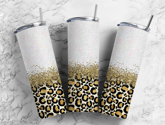 White glitter leopard 20oz Sublimation Tumbler Designs, Minimalist Gradient 9.2 x 8.3” Straight Skinny Tumbler Wrap PNG