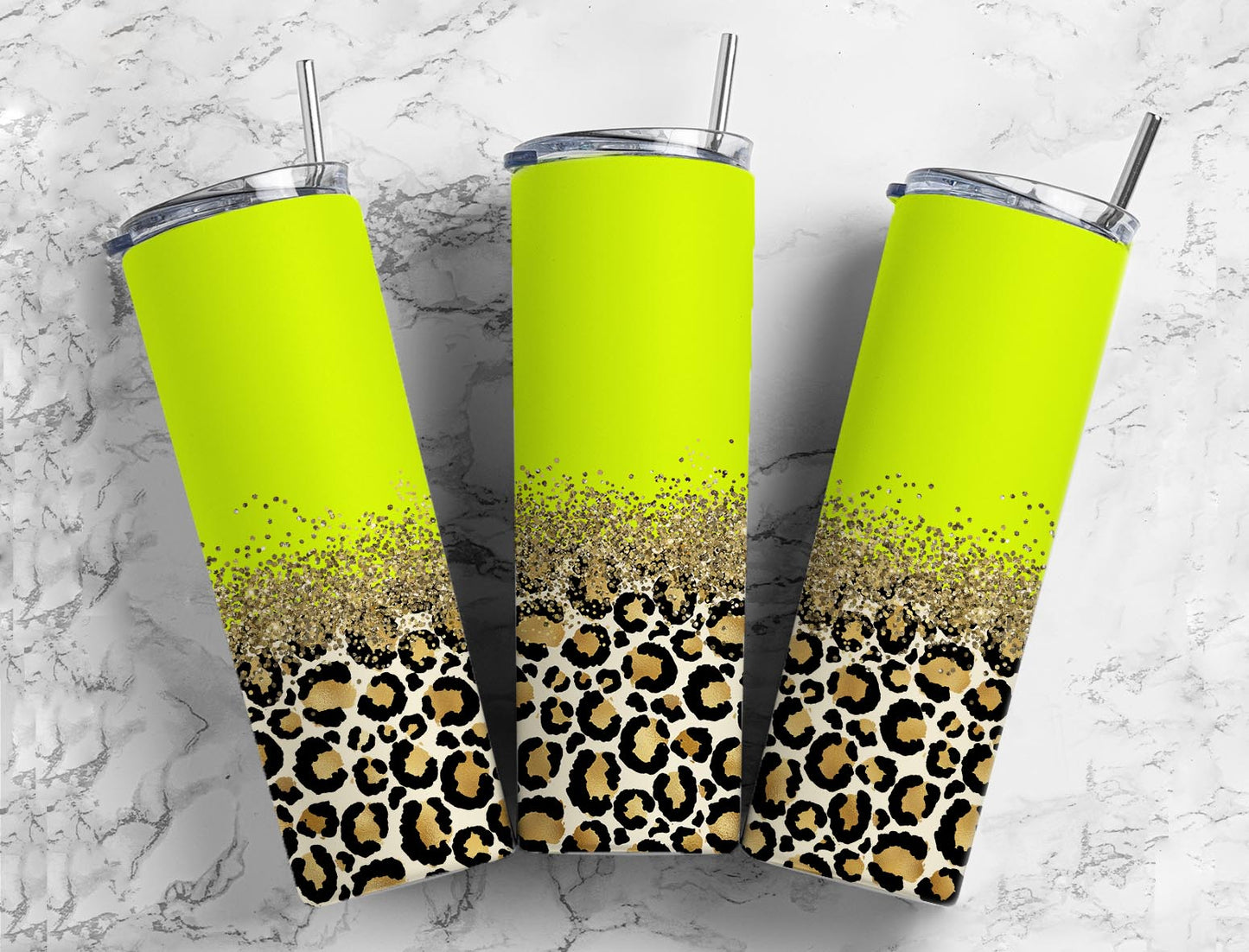 Bright neon yellow 20oz Sublimation Tumbler Designs, Glitter leopard 9.2 x 8.3” Straight Skinny Tumbler Wrap PNG