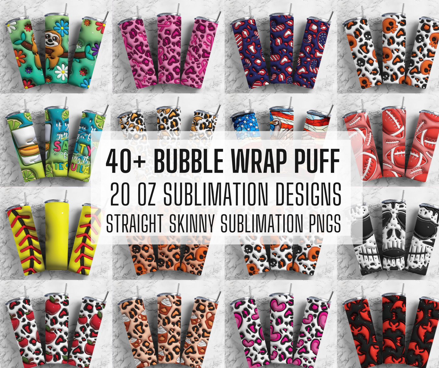 Bubble Wrap 40 3D Inflated Puff Tumbler Wrap PNG Bundle, Tumbler Design Bundle, 20oz Straight Tumbler Wrap, Digital Download Bundle 5