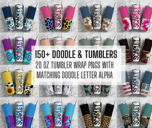 150+ 20oz Tumbler Wrap with Matching Doodle Letter Alphabet MEGA BUNDLE, Alpha Pack, Entire Doodle Alphabet Uppercase Lowercase Numbers PNG