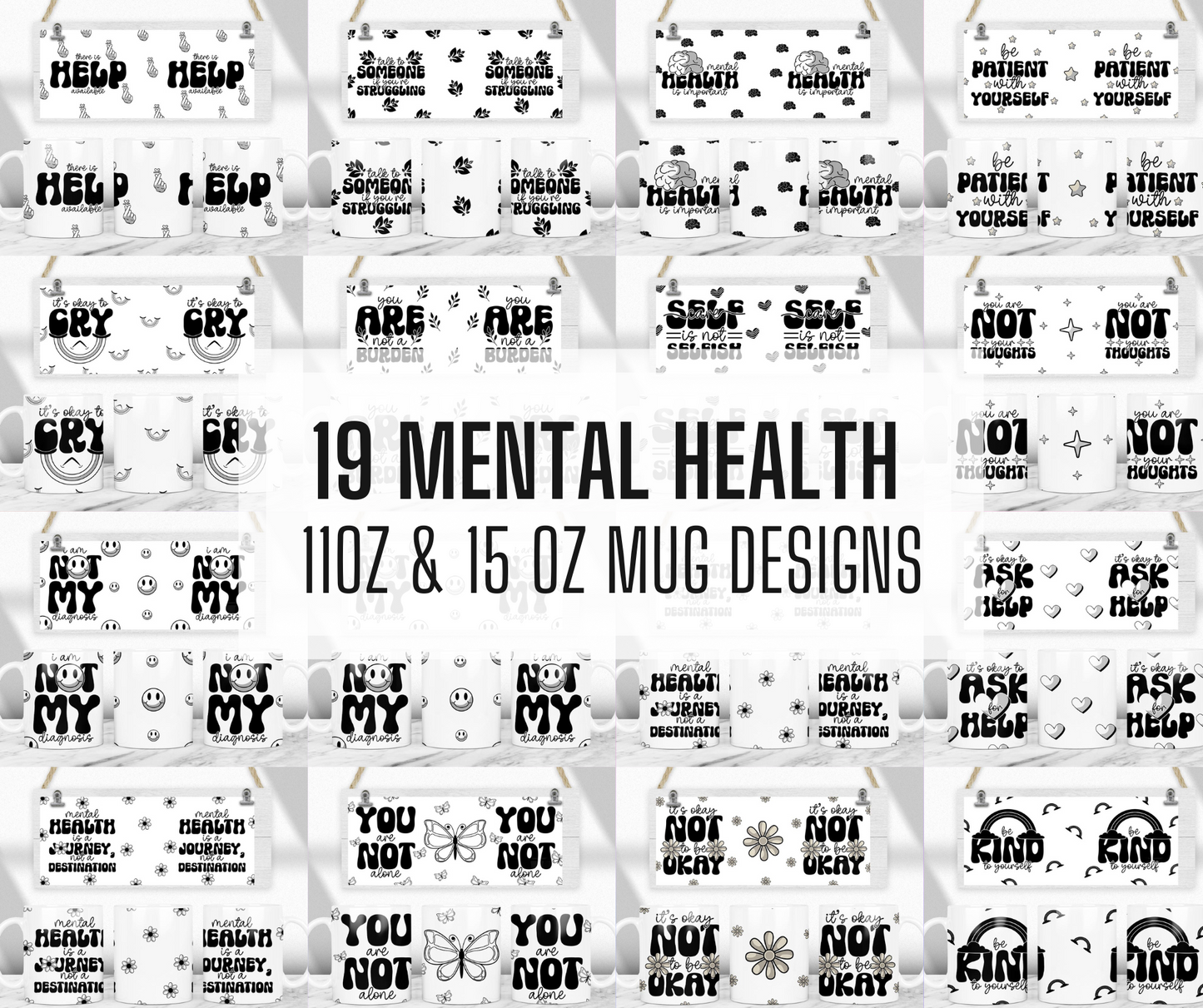 19 Mental Health  Mug Png Designs, 11oz and 15oz Sublimation Template, Mug sublimation png, Coffee mug designs, Self care Mug