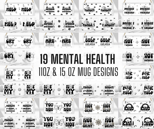 19 Mental Health  Mug Png Designs, 11oz and 15oz Sublimation Template, Mug sublimation png, Coffee mug designs, Self care Mug