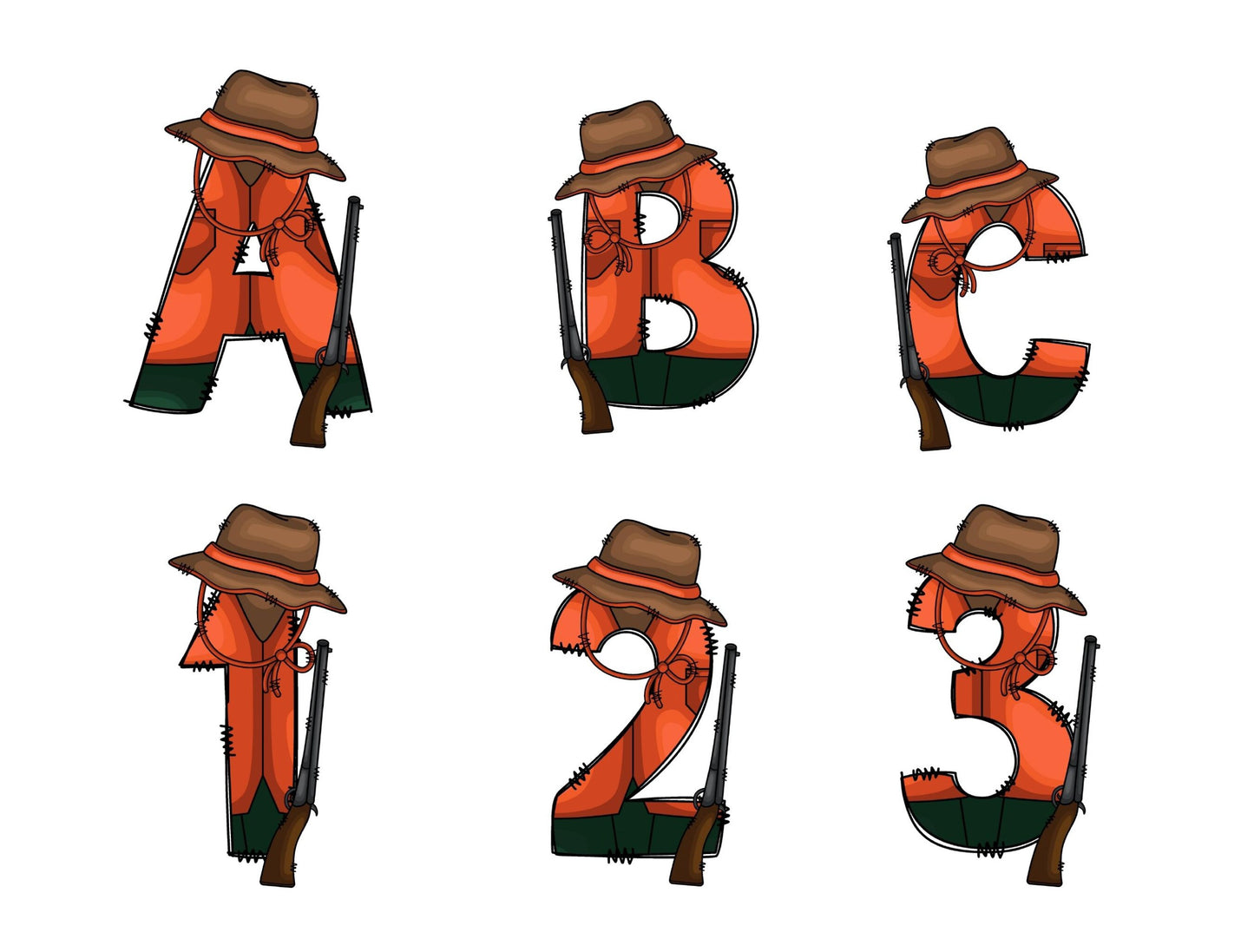 Hunting Doodle Letters Alphabet with Uppercase and Numbers PNG, Alphabet PNG Digital Download PNG