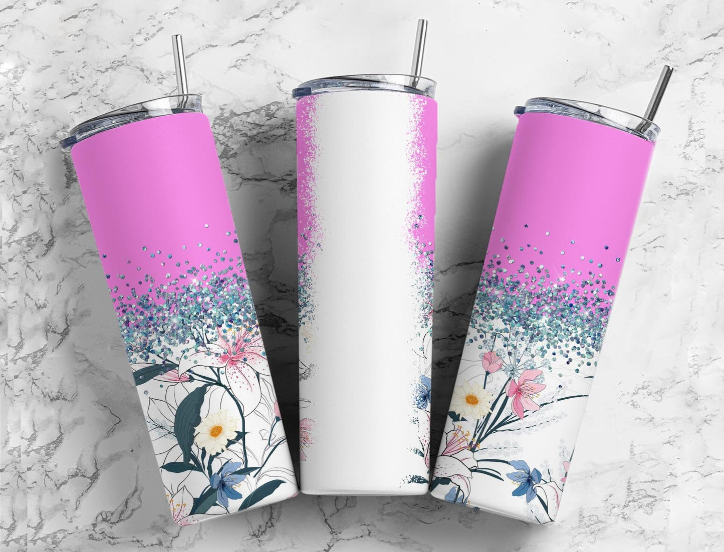 Vintage Florets 20oz Sublimation Tumbler Designs, Iridescent Glitter Pink 9.2 x 8.3” Straight Skinny Tumbler, PNG 65p99