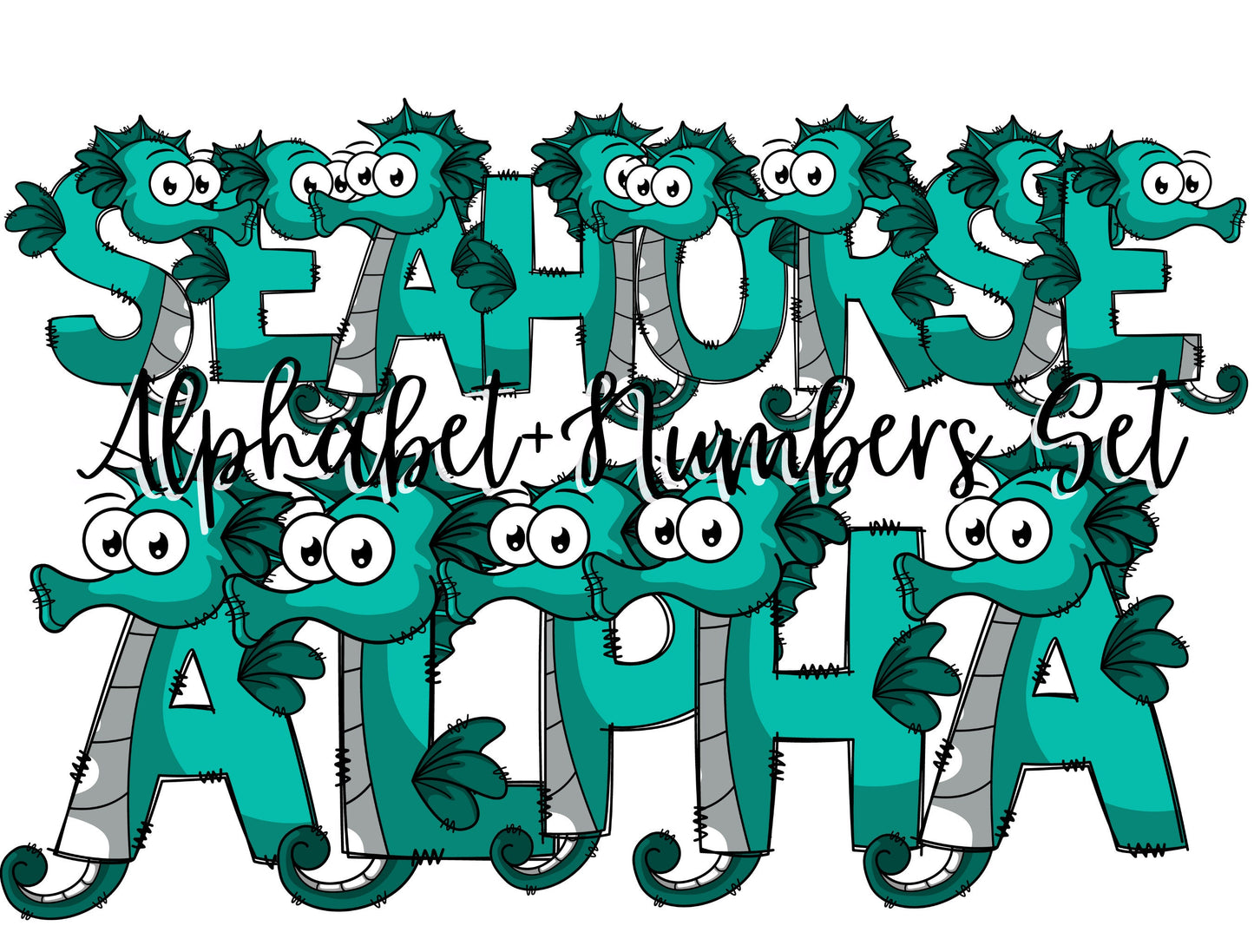 Sea Horse Doodle Letters, Ocean Alphabet, Sea Alphabet PNG, Entire Doodle Alphabet Uppercase Lowercase Numbers PNG