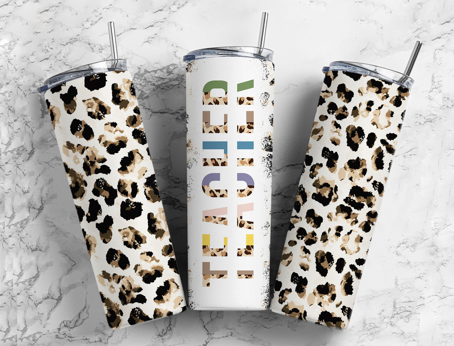 Teachers Split Leopard Print Tumbler, Add Your Own Name 20oz Sublimation Tumbler Design Bundle, Boho Aesthetic Skinny Straight Tumbler PNG