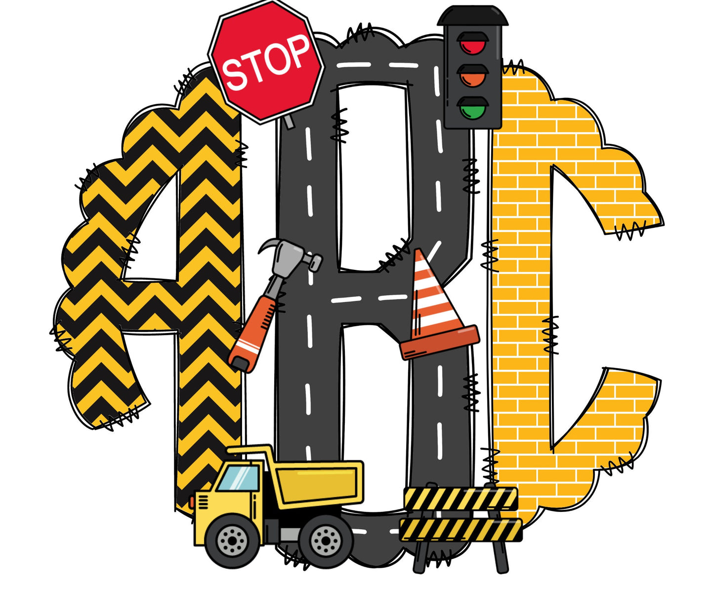 Construction Monogram Letters, Boys Truck Sublimation PNG Doodle Alpha Bundle, Construction Sublimation Font PNG Floral, Yellow and Black (2023-04-18 19.18.59)