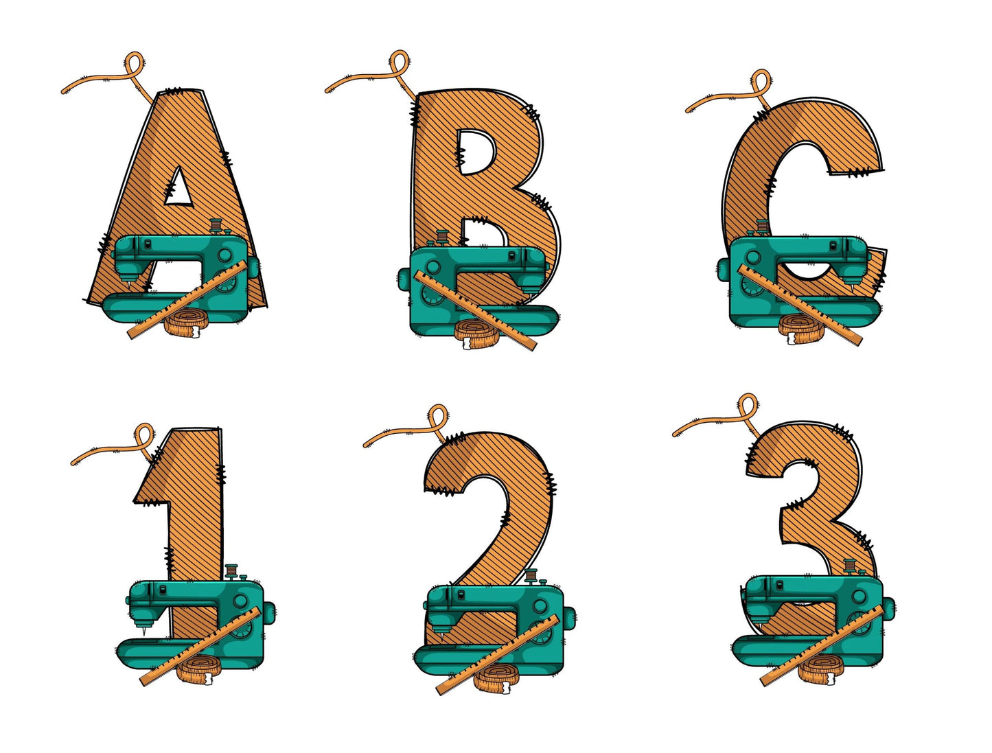 Sewing Doodle Letters Alphabet with Uppercase and Numbers PNG, Alphabet PNG Digital Download