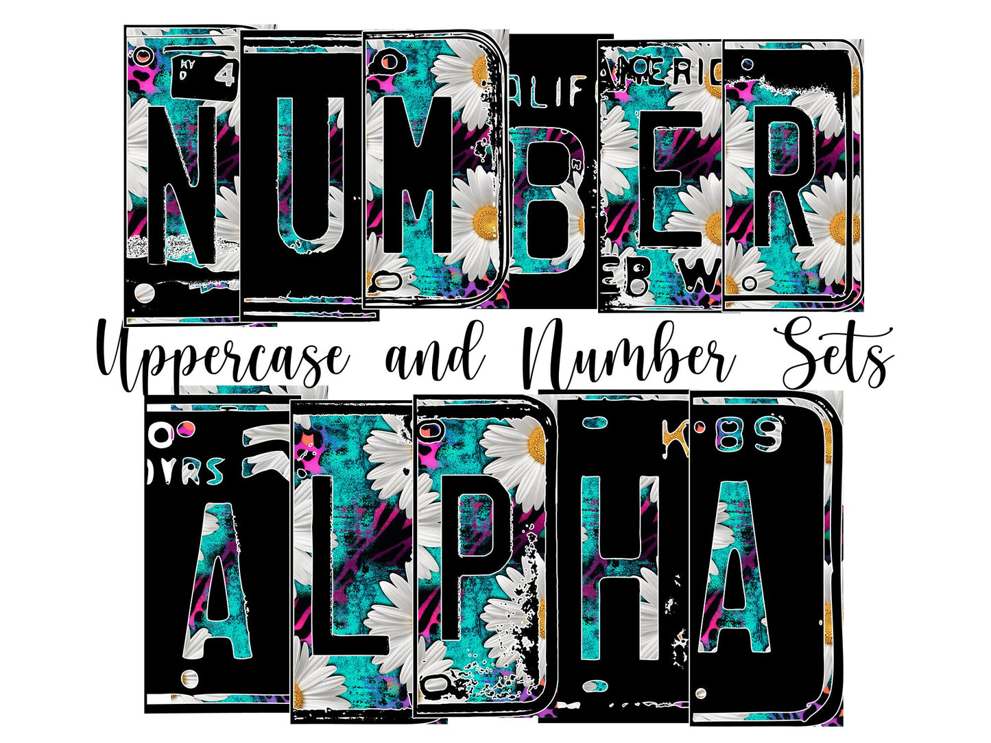 Daisy floral Number Plate 20 oz Tumbler with Matching Alphabet PNG, Pink leopard print Alphabet PNG Digital Download