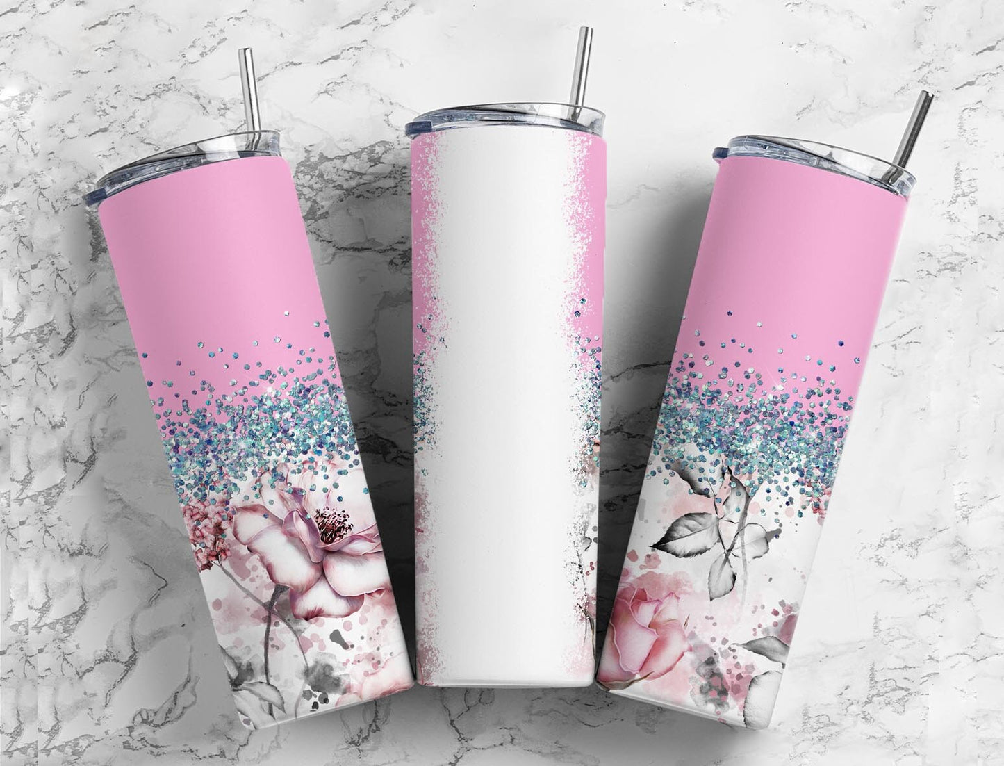 Botanical Boho 20oz Sublimation Tumbler Designs, Iridescent Glitter Pink 9.2 x 8.3” Straight Skinny Tumbler, PNGp99