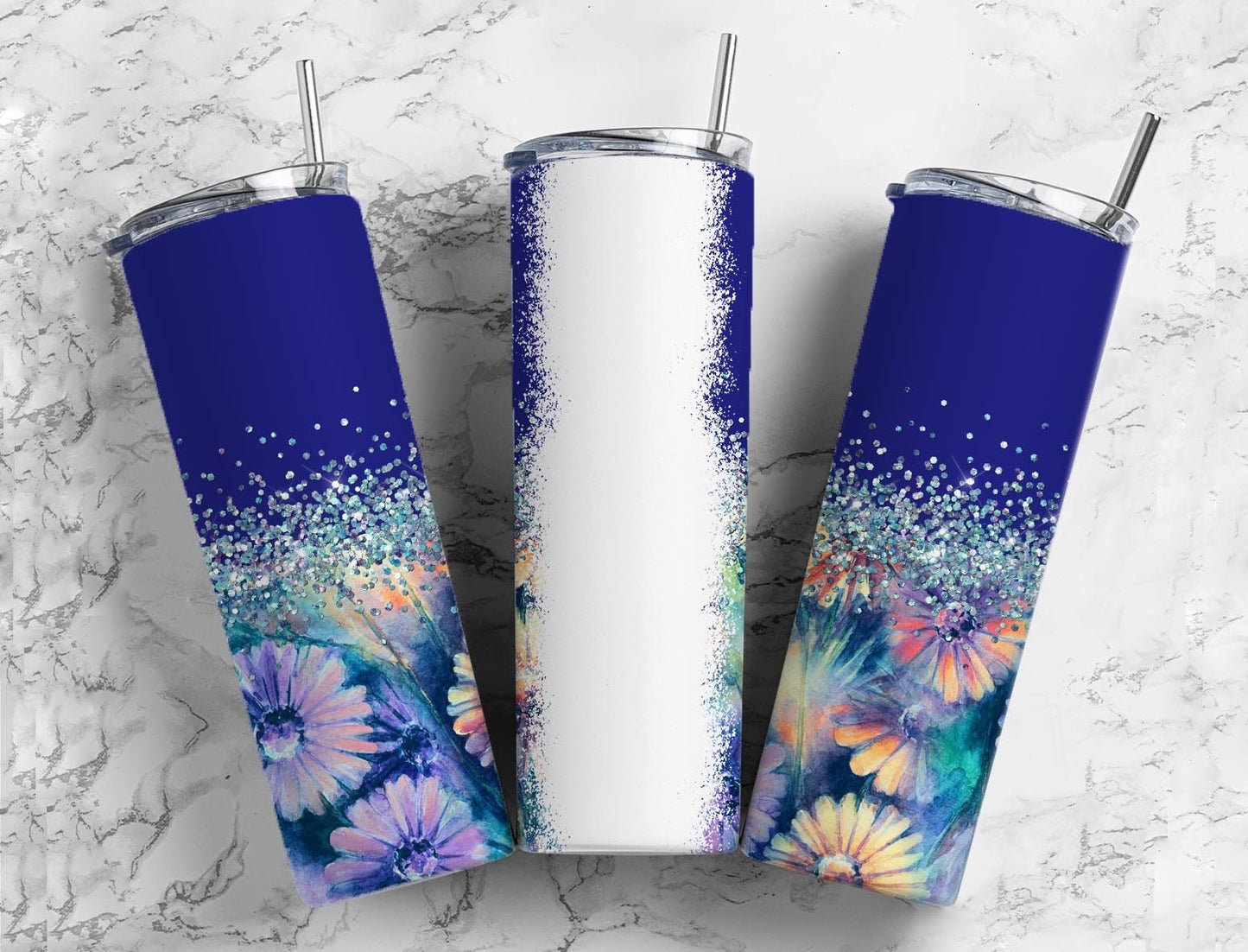 Botanical Boho 20oz Sublimation Tumbler Designs, Iridescent Glitter Blue 9.2 x 8.3” Straight Skinny Tumbler Wrap PNG