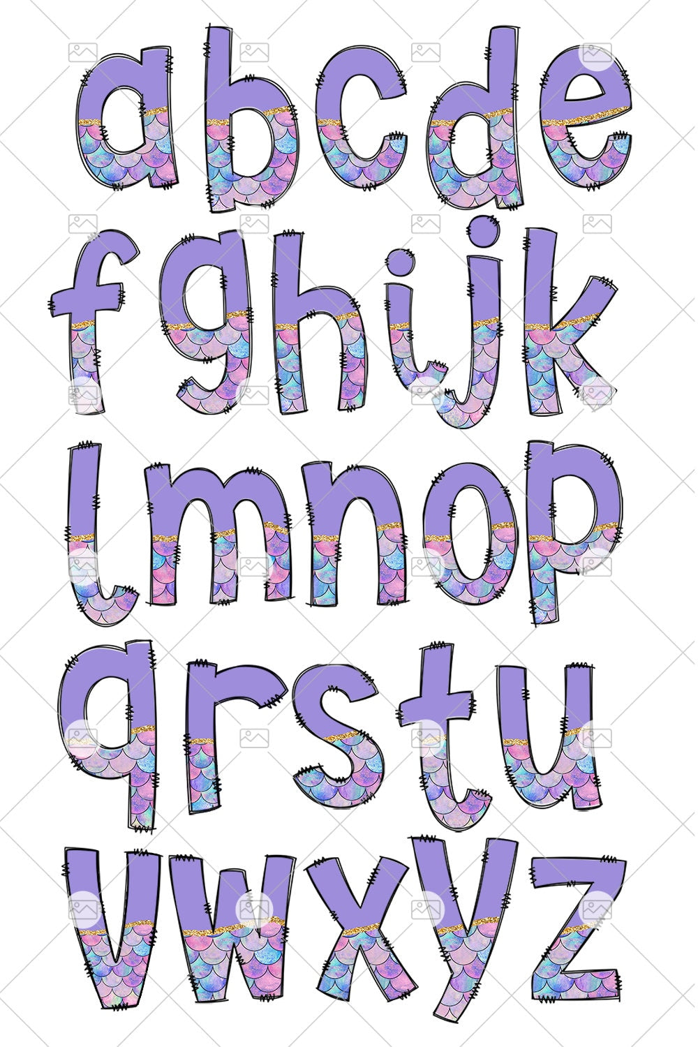 Purple Mermaid Tumbler Wrap with Matching Doodle Letter Alphabet PNG, Aesthetic Add your Own name 20oz Tumbler, Alpha Set PNG 198