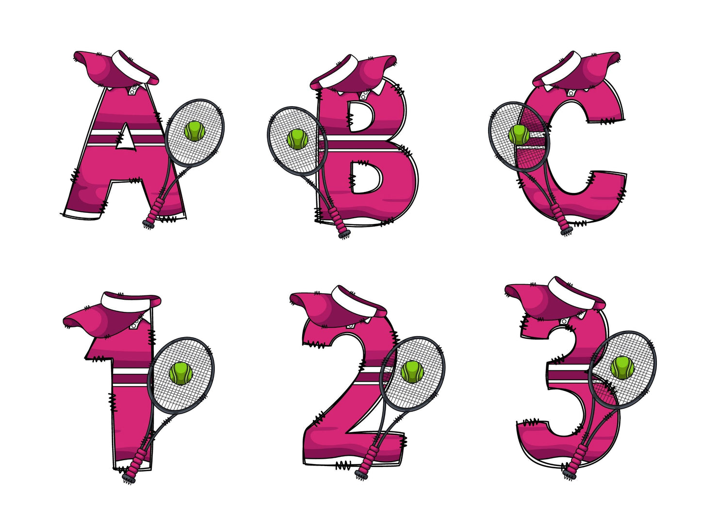 Tennis Doodle Letters Alphabet with Uppercase and Numbers PNG, Alphabet PNG Digital Download