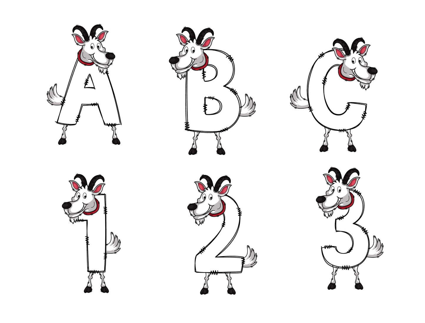 Goat Doodle Letters Alphabet with Uppercase and Numbers PNG, Alphabet PNG Digital Download PNG