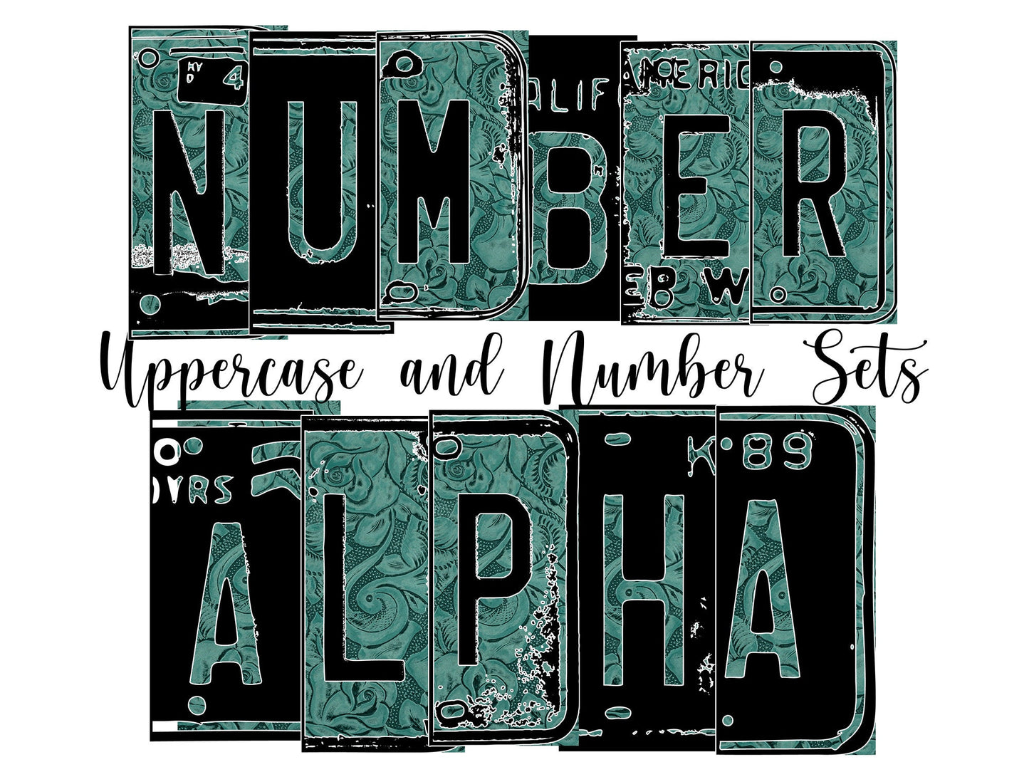 Blue floral Number Plate 20 oz Tumbler with Matching Alphabet PNG, teal botanical Alphabet PNG Digital Download