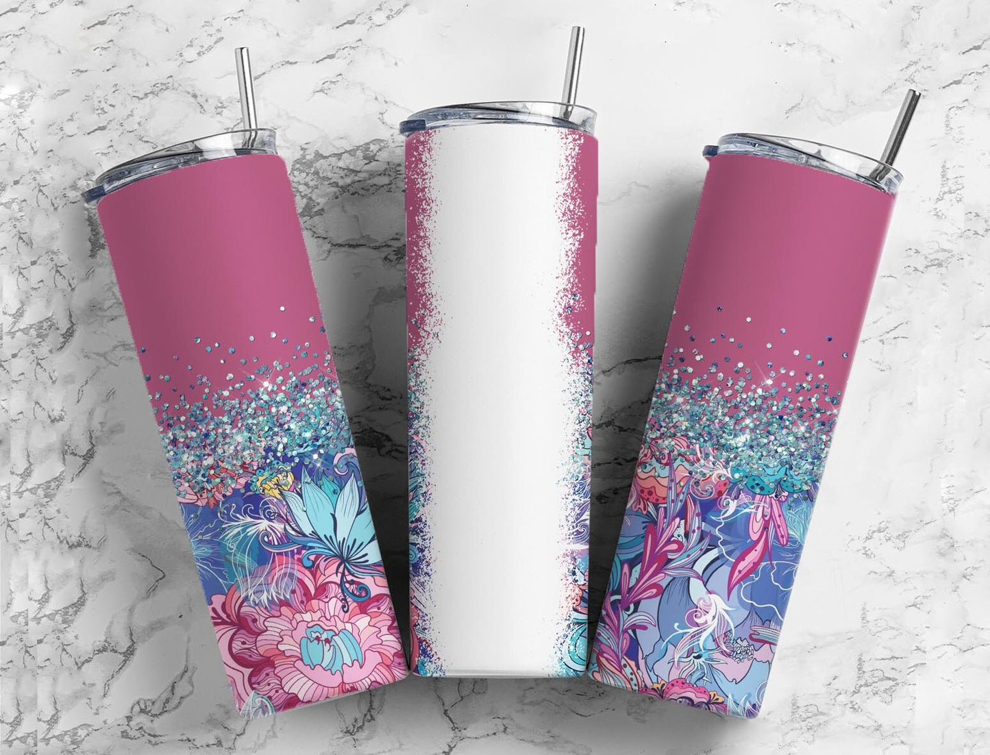 Botanical Boho 20oz Sublimation Tumbler Designs, Iridescent Glitter Red 9.2 x 8.3” Straight Skinny Tumbler Wrap PNG