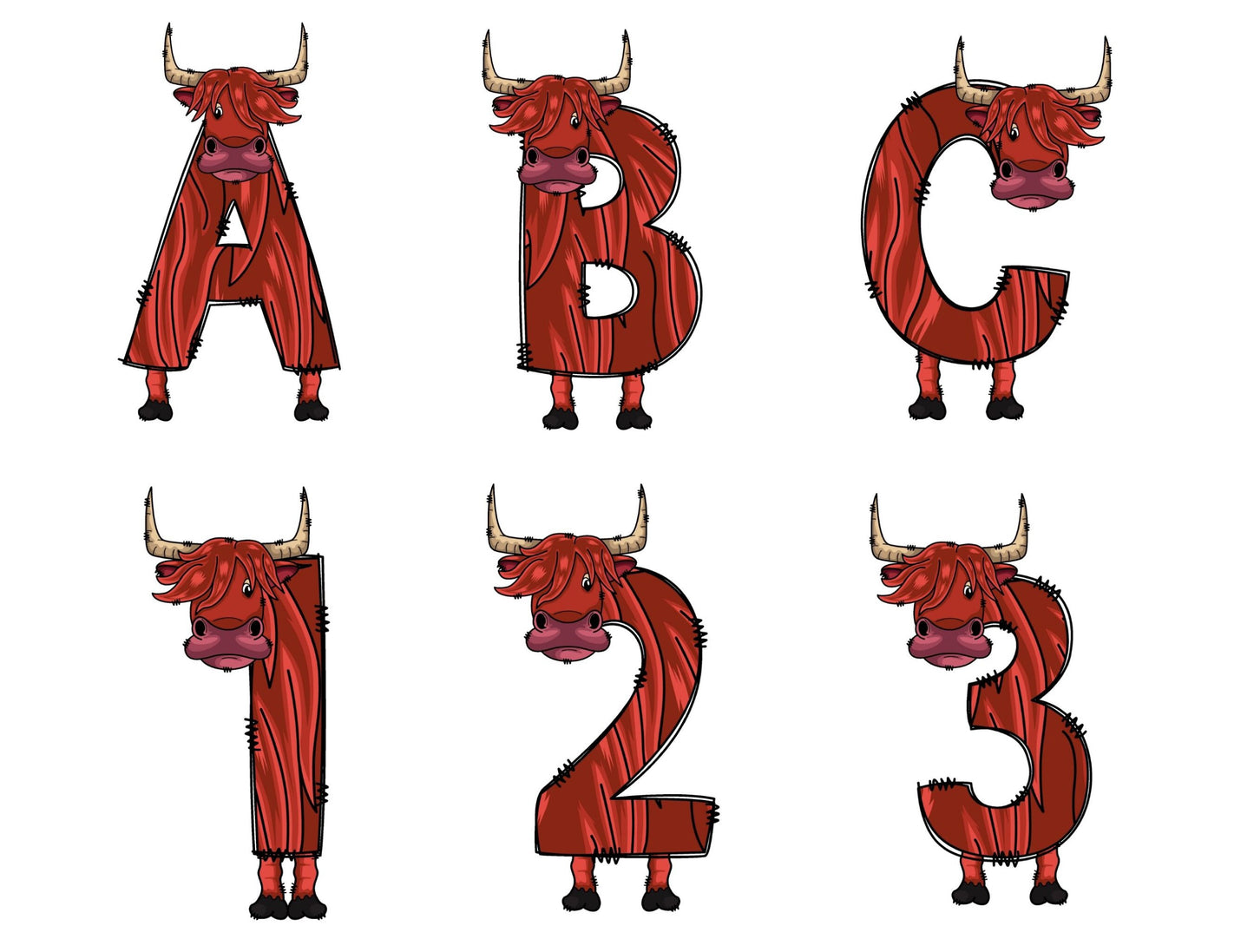 Highland Cow Doodle Letters Alphabet with Uppercase and Numbers PNG, Alphabet PNG Digital Download PNG