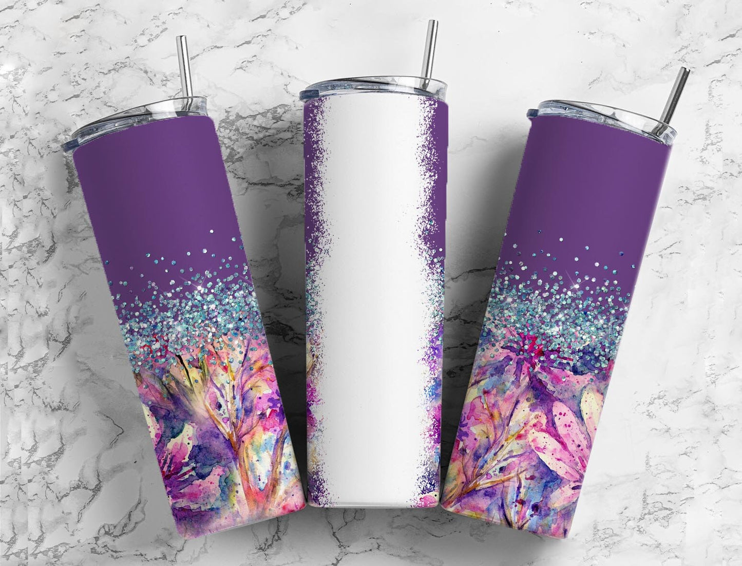 Purple floral 20oz Sublimation Tumbler Designs, speckled watercolor 9.2 x 8.3” Straight Skinny Tumbler Wrap PNG