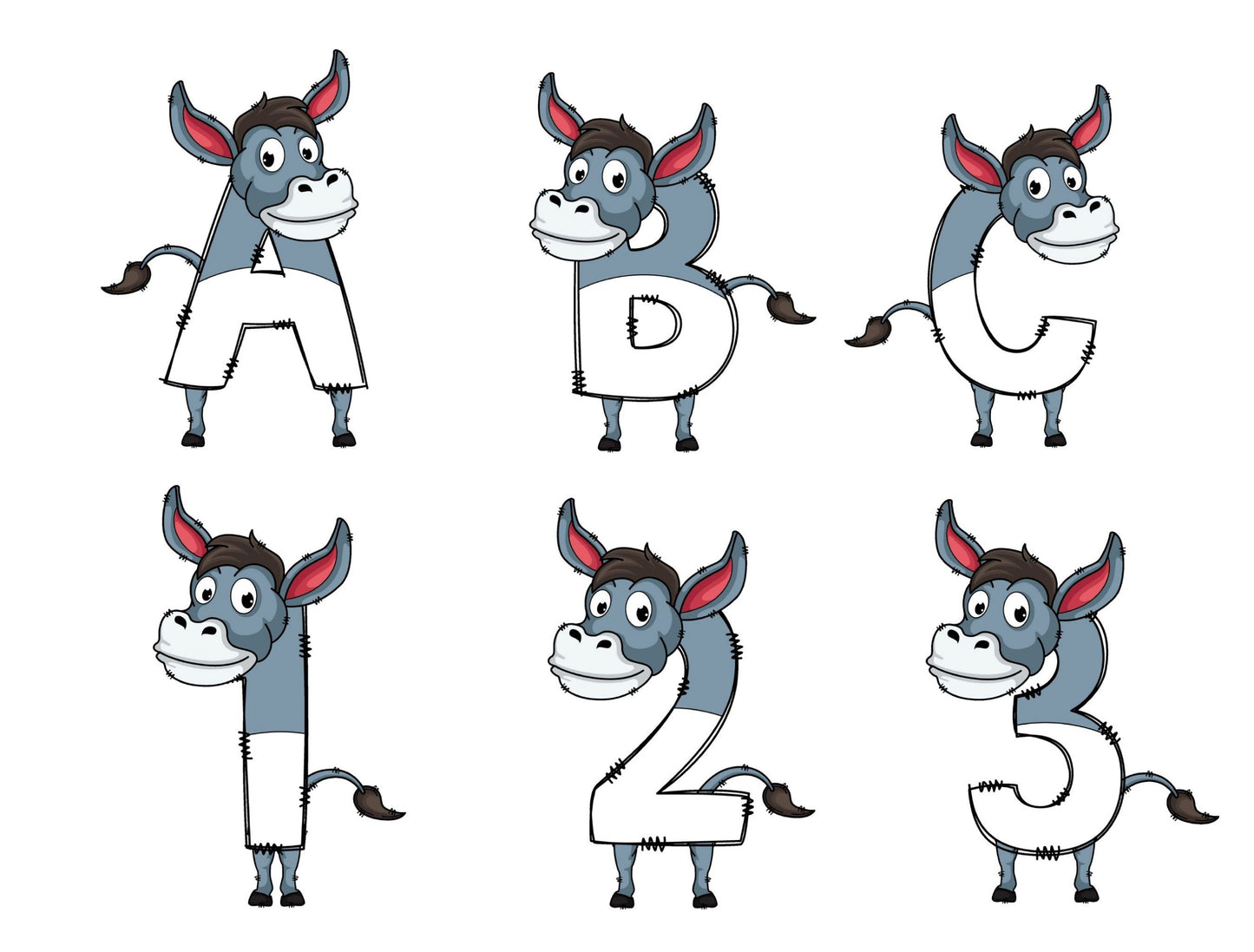 Donkey Doodle Letters Alphabet with Uppercase and Numbers PNG, Alphabet PNG Digital Download