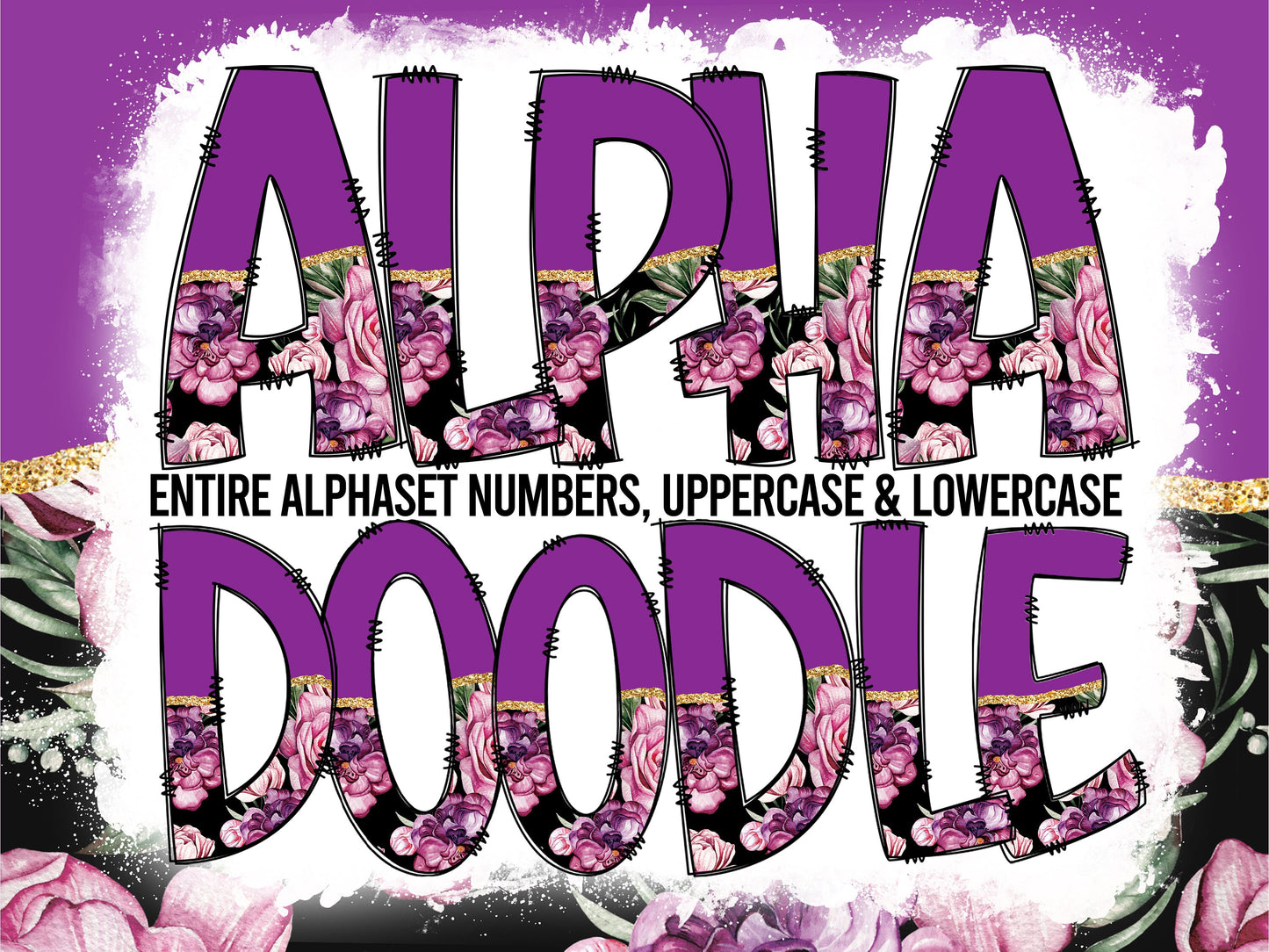 Purple Flower Tumbler Wrap with Matching Doodle Letter Alphabet PNG, Floral Aesthetic Add your Own name 20oz Tumbler, Alpha Set PNG 177