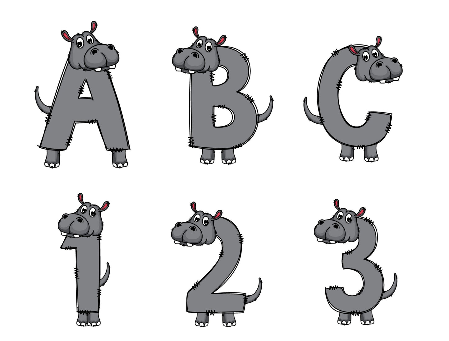 Hippo Doodle Letters Alphabet with Uppercase and Numbers PNG, Alphabet PNG Digital Download PNG