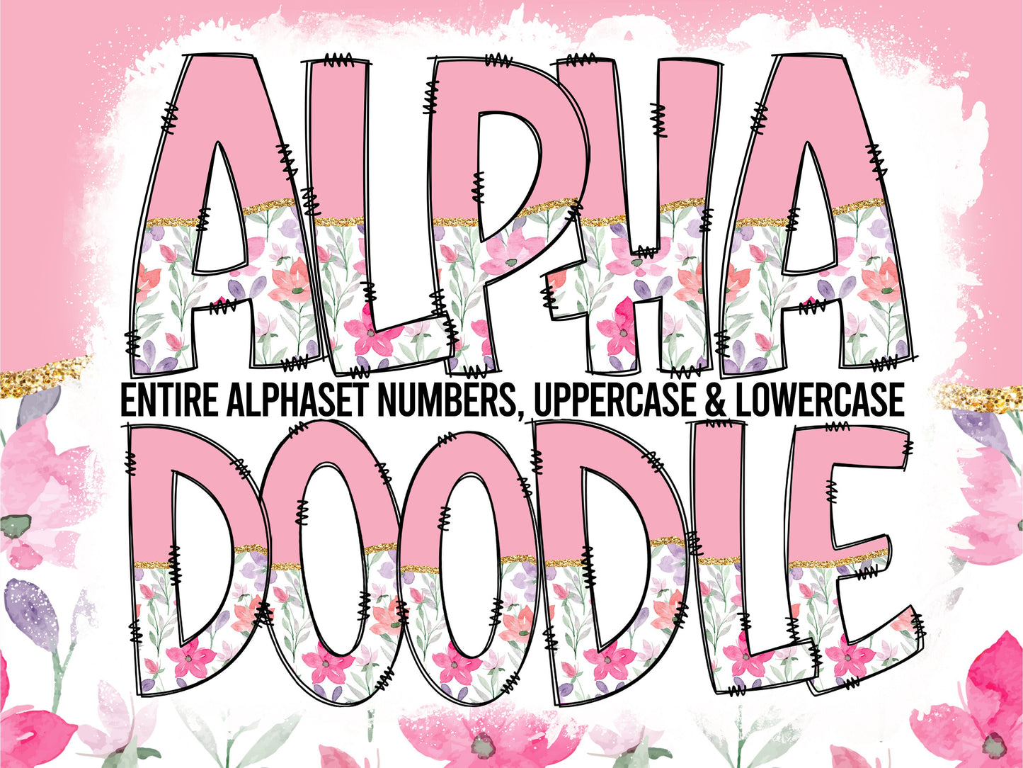 Pink Flower Tumbler Wrap with Matching Doodle Letter Alphabet PNG, Floral Aesthetic Add your Own name 20oz Tumbler, Alpha Set PNG 134