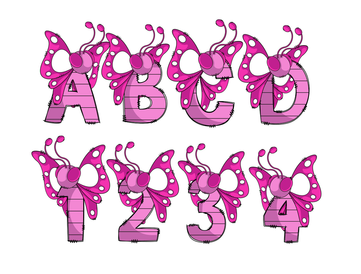 Butterfly Doodle Letters, Dino Alphabet, Butterfly Alphabet PNG, Entire Doodle Alphabet Uppercase Lowercase Numbers PNG