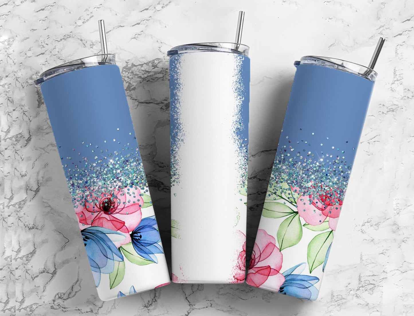 Classic Blossom20oz Sublimation Tumbler Designs, Iridescent Glitter Blue 9.2 x 8.3” Straight Skinny Tumbler, PNGp99