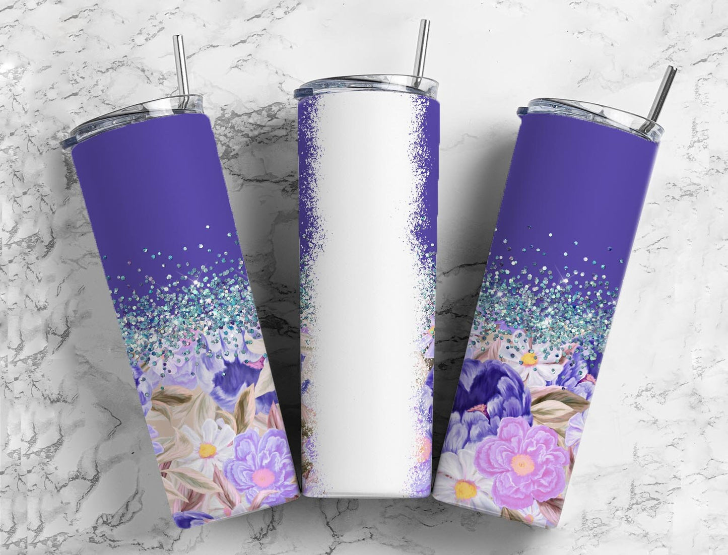 Botanical Vintage 20oz Sublimation Tumbler Designs, Iridescent Glitter Purple 9.2 x 8.3” Straight Skinny Tumbler, PNGp99