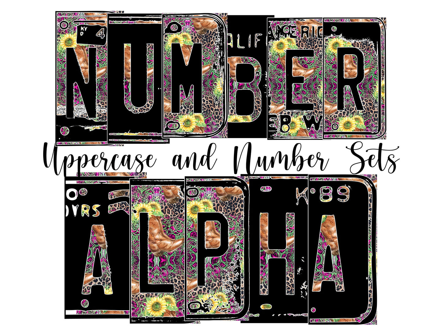 Cowboy boot Number Plate 20 oz Tumbler with Matching Alphabet PNG, Sunflower floral Alphabet PNG Digital Download