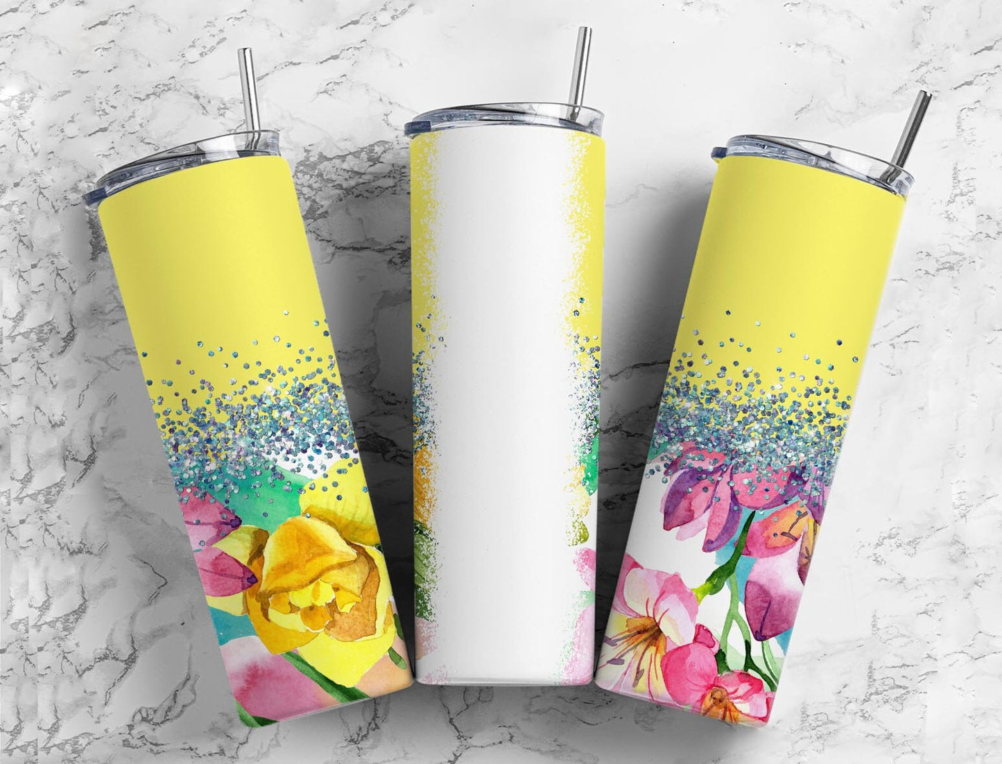 Yellow floral glitter 20oz Sublimation Tumbler Designs, Bleach name 9.2 x 8.3” Straight Skinny Tumbler Wrap PNG